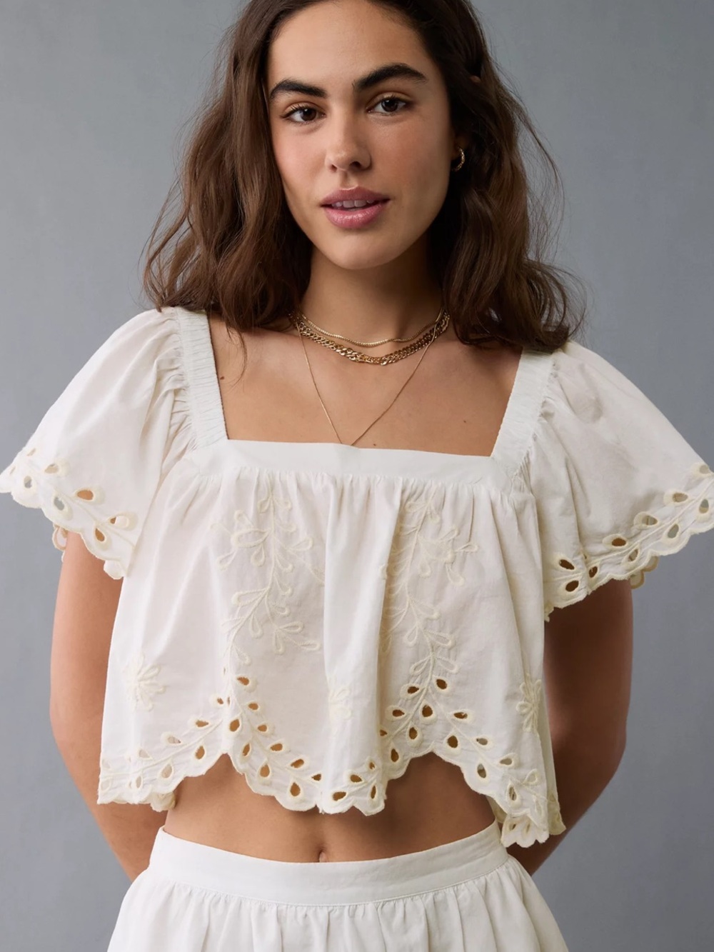 American Eagle White Cotton Boho Eyelet Square-Neck Crop Top With Embroidery